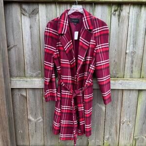 Ann Taylor Factory Trench‎ Coat Jacket Plaid Red NWT Size Large